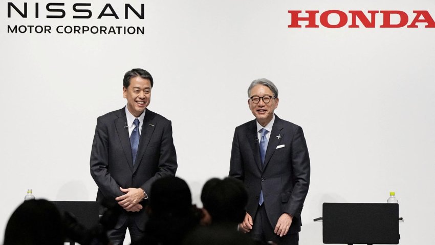 Makoto Uchida, president and CEO of Nissan Motor, and Toshihiro Mibe, Honda Motor president and CEO, attend their joint press conference in Tokyo, Japan March 15, 2024. 