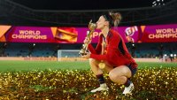Esther Gonzalez of Spain kisses the FIFA Women’s World Cup Trophy after the team’s victory in the FIFA Women’s World Cup Australia & New Zealand 2023 Final match between Spain and England at Stadium Australia on August 20, 2023.