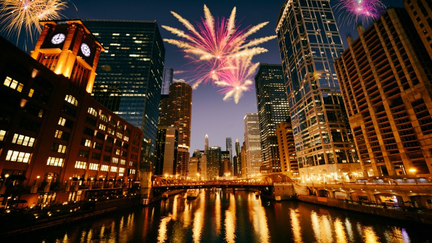 Happy New Year Fireworks on Chicago Illinois USA. Toned Image.