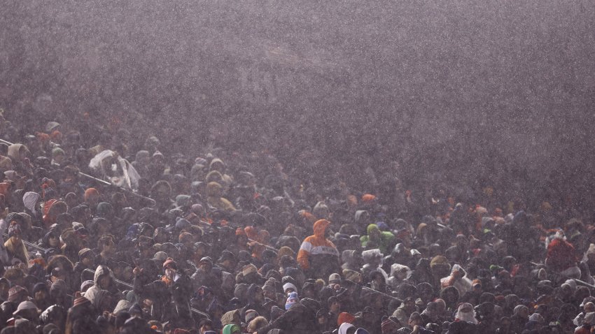 CHICAGO, ILLINOIS – DECEMBER 26: Fans looks on as it rains during the second quarter in the game between the Seattle Seahawks and the Chicago Bears at Soldier Field on December 26, 2024 in Chicago, Illinois. (Photo by Michael Reaves/Getty Images)