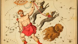 This 1825 etching provided by the Library of Congress shows an astronomical chart depicting Bootes the Ploughman holding a spear, a sickle, and two dogs, Asterion and Chara, on leashes, a quadrant, and the hair of Berenice forming the constellations.