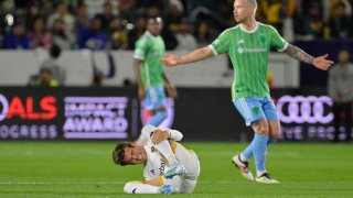 Nov 30, 2024; Carson, California, USA; LA Galaxy midfielder Riqui Puig (10) reacts in the first half against Seattle Sounders FC in the 2024 MLS Cup Western Conference Final match at Dignity Health Sports Park. Mandatory Credit: Jayne Kamin-Oncea-Imagn Images