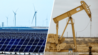 An aerial view shows a solar array and wind turbine cluster (left) and pumpjacks (right).