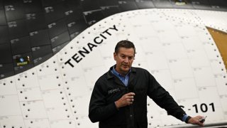 Tom Vice, CEO of Sierra Space, talks to employees in front of the company’s Dream Chaser space plane on Oct. 30, 2023 in Louisville, Colorado.