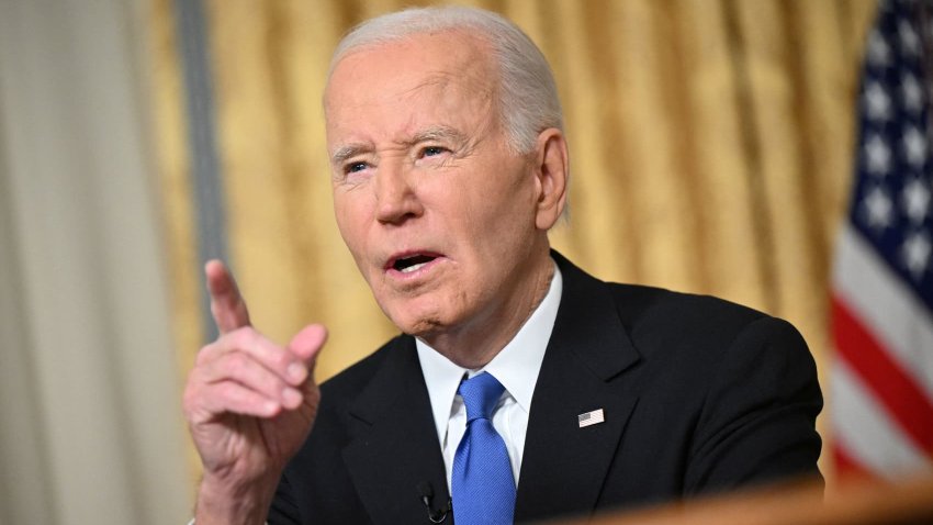 US President Joe Biden delivers his farewell address to the nation from the Oval Office of the White House in Washington, DC, on Jan. 15, 2025. 