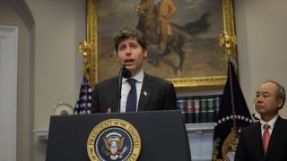 OpenAI CEO Sam Altman speaks next to SoftBank CEO Masayoshi Son after U.S. President Donald Trump delivered remarks on AI infrastructure at the Roosevelt room at White House in Washington, U.S., January 21, 2025. 