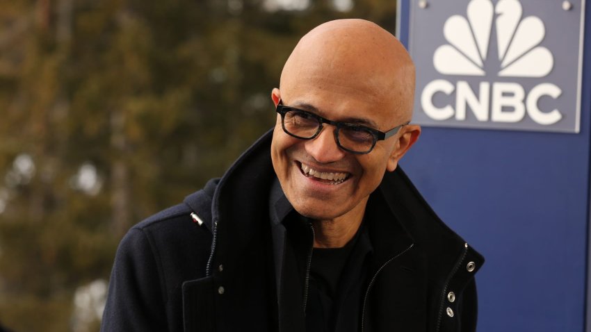 Satya Nadella, CEO of Microsoft, speaking on CNBC’s “Squawk Box” outside the World Economic Forum in Davos, Switzerland, on Jan. 22, 2025.