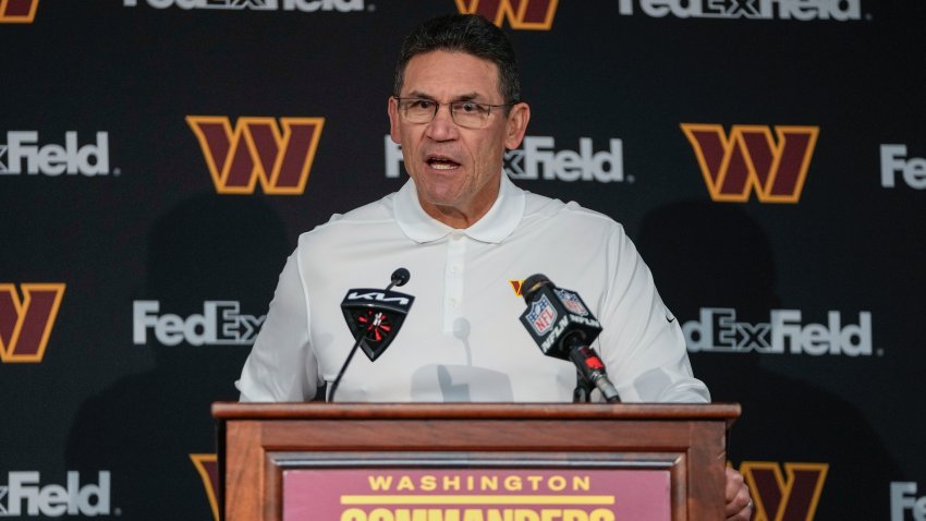 FILE – Washington Commanders head coach Ron Rivera speaking during a press conference at the end of an NFL football game against the Dallas Cowboys, Jan. 7, 2024, in Landover, Md. (AP Photo/Mark Schiefelbein, File)