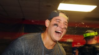 CLEVELAND, OH – OCTOBER 19:  Anthony Rizzo #48 of the New York Yankees celebrates in the clubhouse after the Yankees defeated the Cleveland Guardians in Game 5 of the ALCS presented by loanDepot to advance to the 2024 Major League Baseball World Series at Progressive Field on Saturday, October 19, 2024 in Cleveland, Ohio. (Photo by Mary DeCicco/MLB Photos via Getty Images)