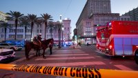 Police cordon off the intersection of Canal Street and Bourbon Street in the French Quarter of New Orleans, Louisiana, on January 1, 2025. At least 10 people were killed and 30 injured Wednesday when a vehicle plowed overnight into a New year’s crowd in the heart of the thriving New Orleans tourist district, authorities in the southern US city said. (Photo by Matthew HINTON / AFP) (Photo by MATTHEW HINTON/AFP via Getty Images)