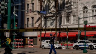 The French Quarter, near Bourbon Street is blocked off late morning with a heavy police and FBI presence after a Terrorist attack early in the morning in New Orleans, Louisiana, on January 1, 2025. At least 10 people were killed and 30 injured Wednesday when a vehicle plowed overnight into a New year’s crowd in the heart of the thriving New Orleans tourist district, authorities in the southern US city said. (Photo by Emily KASK / AFP) (Photo by EMILY KASK/AFP via Getty Images)