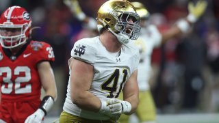 NEW ORLEANS, LOUISIANA – JANUARY 02: Donovan Hinish #41 of the Notre Dame Fighting Irish celebrates after a sack during the fourth quarter against the Georgia Bulldogs during the 91st Allstate Sugar Bowl at Caesars Superdome on January 02, 2025 in New Orleans, Louisiana. (Photo by Chris Graythen/Getty Images)