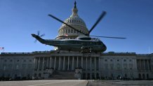 Former US President Joe Biden and former First Lady Jill Biden on board Marine One depart during a farewell ceremony outside the US Capitol, in Washington, DC on January 20, 2025, following Donald Trump's inauguration. (Photo by ANDREW CABALLERO-REYNOLDS / AFP) (Photo by ANDREW CABALLERO-REYNOLDS/AFP via Getty Images)