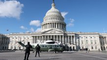WASHINGTON, DC - JANUARY 20: Marine One sits outside the U.S. Capitol ahead of the inauguration of U.S. President-elect Donald Trump on January 20, 2025 in Washington, DC. Donald Trump takes office for his second term as the 47th president of the United States. (Photo by Joe Raedle/Getty Images)