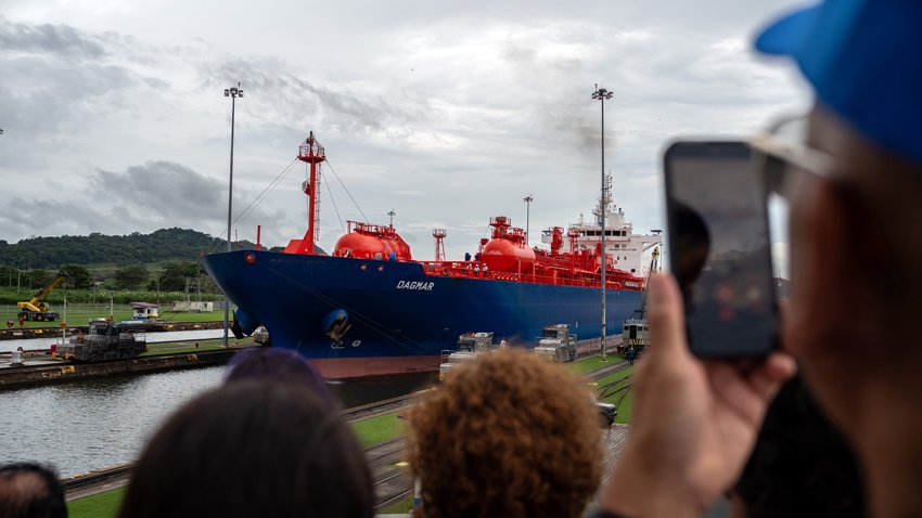 A ship sailing through the Miraflores lock of the Panama Canal into the Pacific Ocean on Dec. 31.