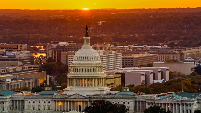 File photo. Helicopter shot of the U.S. Capitol in Washington, D.C., at sunset.