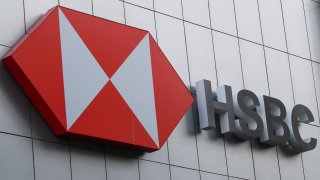 A view of the logo of HSBC bank on a wall outside a branch in Mexico City, Mexico June 14, 2024. 