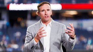 Drew Brees of ESPN Monday Night Countdown on set before the game between the Miami Dolphins and the Los Angeles Rams at SoFi Stadium in Inglewood, California, on Nov. 11, 2024.