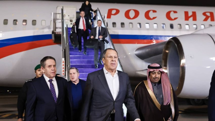 The Russian delegation, led by Foreign Minister Sergey Lavrov (front), arrive in Riyadh, Saudi Arabia to meet with their American counterparts, on February 17, 2025. Meeting will focus on Russia-U.S. bilateral ties, preparations for talks on Ukraine and a potential Putin-Trump meeting. 