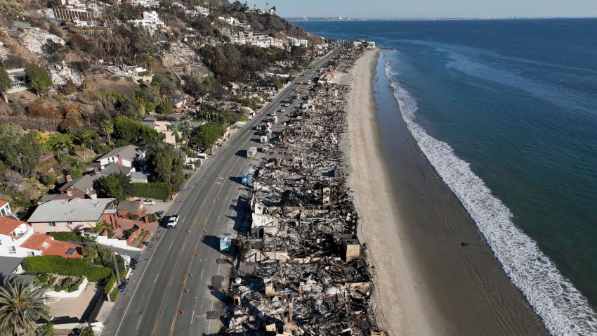 An aerial view shows the devastation from the Palisades Fire