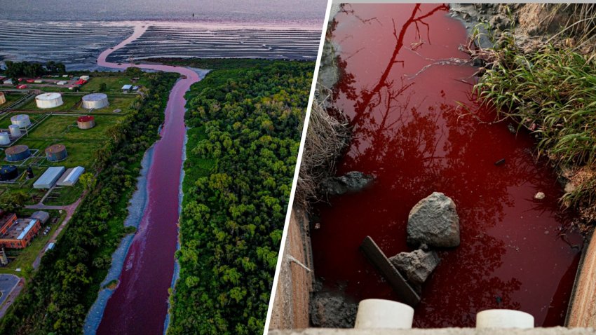 An aerial view of the red river after a suspected chemical spill turned the waters along the Rio de la Plata coastline red, raising environmental concerns among local residents in Buenos Aires, Argentina, on February 06, 2025.