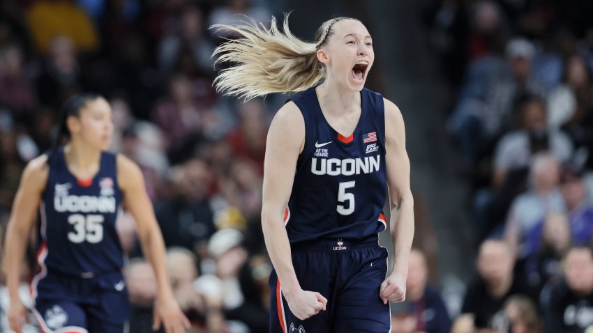 UConn guard Paige Bueckers celebrates during the first half of an NCAA college basketball game against South Carolina in Columbia, S.C., Sunday, Feb. 16, 2025.