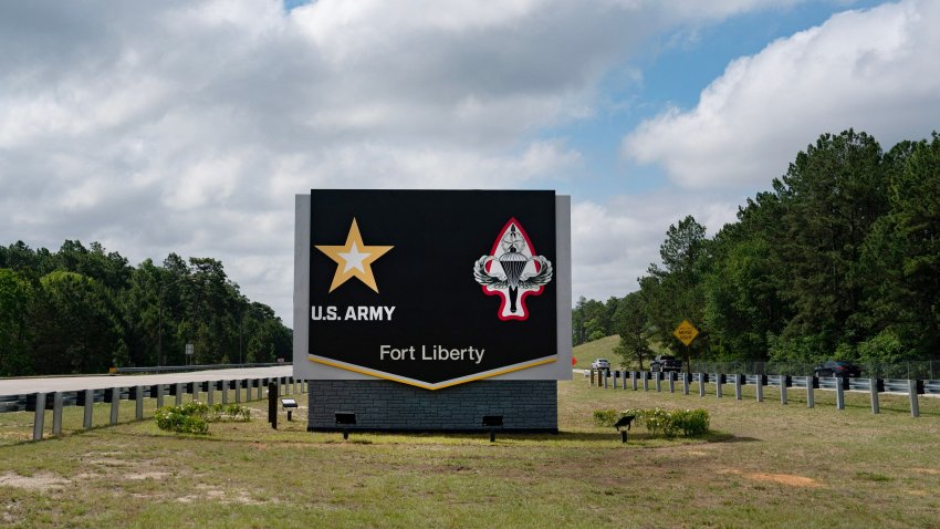 A sign after a ceremony renaming Fort Bragg as Fort Liberty near Fayetteville, North Carolina