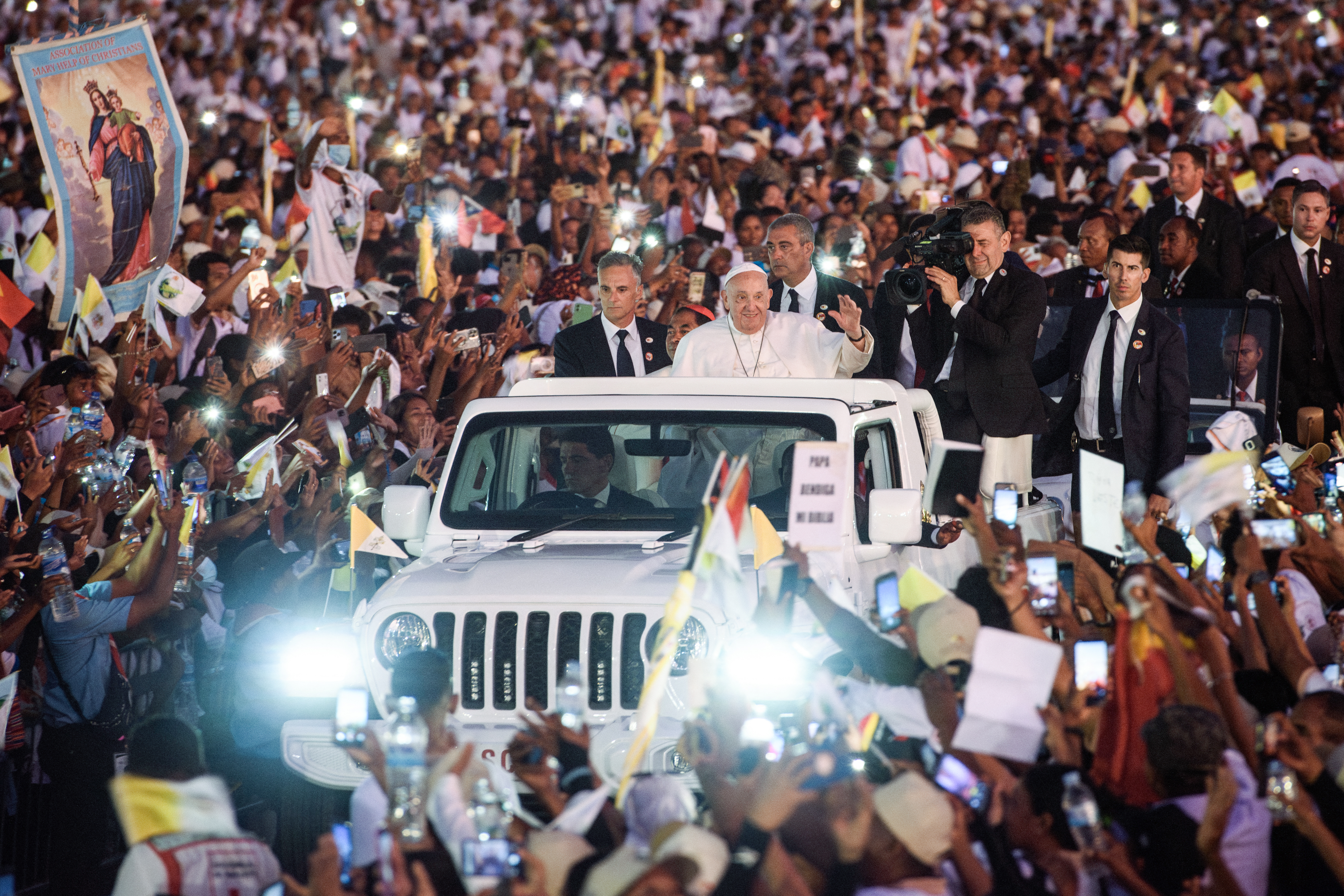 Pope Francis gestures to Catholic faithful after leading holy mass at the Esplanade of Tasitolu in Dili, East Timor, on Sept. 10, 2024.