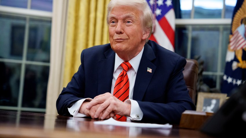 WASHINGTON, DC – FEBRUARY 10: U.S. President Donald Trump reacts to a question from a reporter after signing a series of executive orders including 25% tariffs on steel and aluminum, a pardon for former Illinois Gov. Rod Blagojevich, an order relating to the Foreign Corrupt Practices Act, and an order for the federal government to stop using paper straws and begin using plastic straws in the Oval Office at the White House on February 10, 2025 in Washington, DC. Trump has signed more than 50 executive orders as of Friday, the most in a president’s first 100 days in more than 40 years. (Photo by Andrew Harnik/Getty Images)