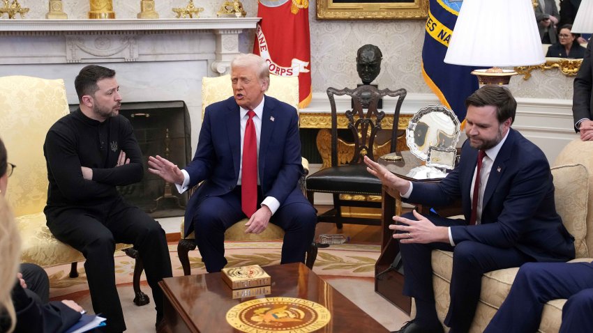 WASHINGTON, DC – FEBRUARY 28: U.S. President Donald Trump (C) and Vice President JD Vance meet with Ukrainian President Volodymyr Zelensky in the Oval Office at the White House on February 28, 2025 in Washington, DC. Trump and Zelensky are meeting today to negotiate a preliminary agreement on sharing Ukraine’s mineral resources that Trump says will allow America to recoup aid provided to Kyiv while supporting Ukraine’s economy. (Photo by Andrew Harnik/Getty Images)