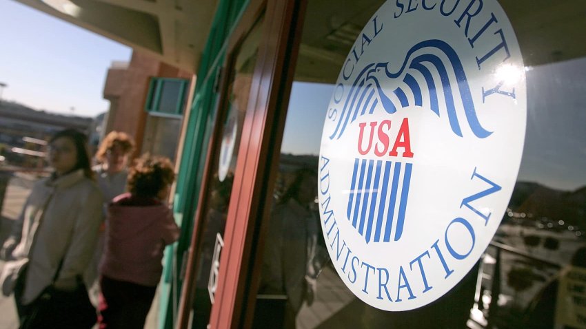 People line up outside the Social Security Administration office in San Francisco.