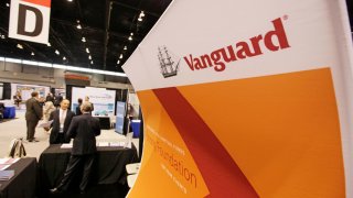 Vanguard signage at a Morningstar Investment Conference.