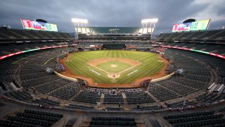A general view of the empty stadium during the then-named Oakland Athletics game against the Los Angeles Angels during opening day at Oakland-Alameda County Coliseum in Oakland, California, on July 24, 2020.