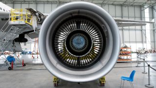 The jet engine of an Airbus SE A380 airplane during a tour of a new maintenance hangar and control tower, at Chateauroux-Centre “Marcel Dassault” Airport in Chateauroux, France, on Friday, July 1, 2022.
