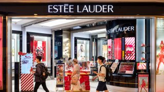 American multinational skin care and beauty products brand Estée Lauder’s logo is seen in Hong Kong.