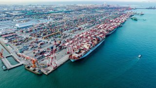 A general view of the container terminal in Qianwan of Qingdao Port, a port in Shandong Province, China, March 17, 2023. 