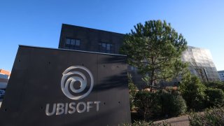 This photograph taken on February 13, 2024, shows the main entrance of Ubisoft video firm company where a strike call is planned on February 14, 2024, in Montpellier, south of France.