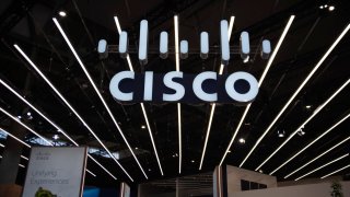 The Cisco logo is on display at the Mobile World Congress in Barcelona, Spain, on February 26, 2024.