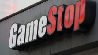 A general view of the GameStop logo on one of its stores in the city center of Cologne, Germany.