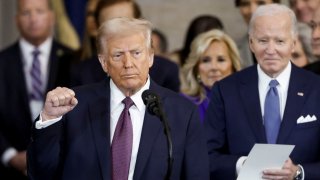 President Donald Trump acknowledges the crowd after his inauguration as the 47th president of the United States, in the Rotunda of the U.S. Capitol in Washington, D.C., Jan. 20, 2025.
