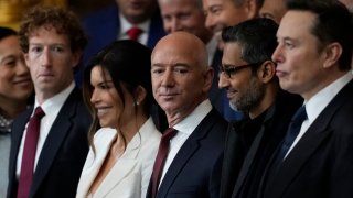 Guests including Mark Zuckerberg, Lauren Sanchez, Jeff Bezos, Sundar Pichai and Elon Musk attend the Inauguration of Donald J. Trump in the U.S. Capitol Rotunda on January 20, 2025 in Washington, DC. Donald Trump takes office for his second term as the 47th president of the United States.