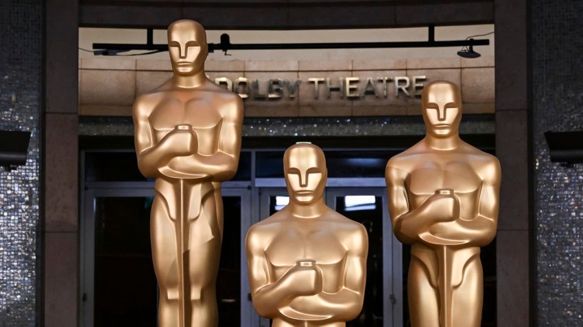 Oscar statues stand in front of the Dolby Theatre ahead of the 97th Annual Academy Awards in Hollywood, California on March 1, 2025.
