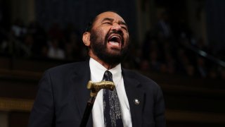 Rep. Al Green (D-TX) shouts out as U.S. President Donald Trump addresses a joint session of Congress at the U.S. Capitol on March 04, 2025 in Washington, DC.