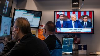 Traders work on the floor of the New York Stock Exchange on March 5, 2025, following two days of dramatic losses in the stock market after the Trump administration imposed tariffs on Mexico and Canada.