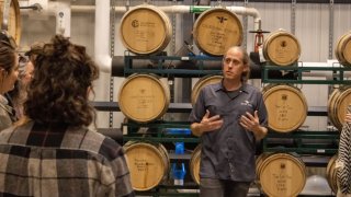 Ryan Christiansen, president and head distiller at Caledonia Spirits, giving a tour in Montpelier, VT.