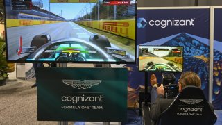 F1 simulator cockpit at Cognizant stand, an American multinational information technology services and consulting company, on the third day of the 24th World Petroleum Congress at the BMO Center, Stampede Park, on September 18, 2023, in Calgary, Canada.