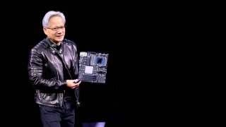Nvidia CEO Jensen Huang introduces new products as he delivers the keynote address at the GTC AI Conference in San Jose, California, on March 18, 2025.
