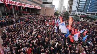 Turkish MPs, mayors, party members, members of different political parties, representatives of non-governmental organizations and citizens protest against the detention warrant of the Istanbul Metropolitan Municipality (IBB) Mayor Ekrem Imamoglu, Beylikduzu Mayor Murat Calik and Sisli Mayor Resul Emrah Sahan, at the CHP Headquarters in Ankara, Turkey on March 19, 2025.
