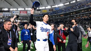 Shohei Ohtani #17 of the Los Angeles Dodgers waves to fans while leaving the field after the MLB Tokyo Opening Series between Los Angeles Dodgers and Chicago Cubs at Tokyo Dome on March 19, 2025 in Tokyo, Japan.