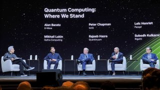 Nvidia CEO Jensen Huang interviews executives from quantum computing firms at Nvidia’s annual developer conference in San Jose, California, U.S., March 20, 2025. 